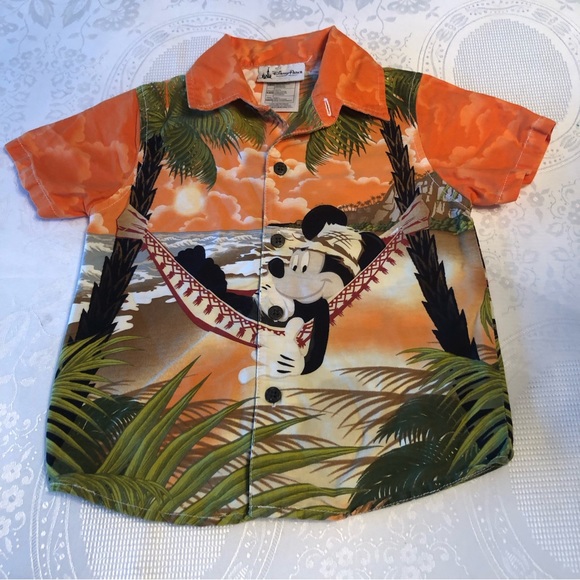 Disney Parks Boys 36M Mickey Mouse Orange Hawaiian Shirt Button-Up Short Sleeves - Picture 13 of 14